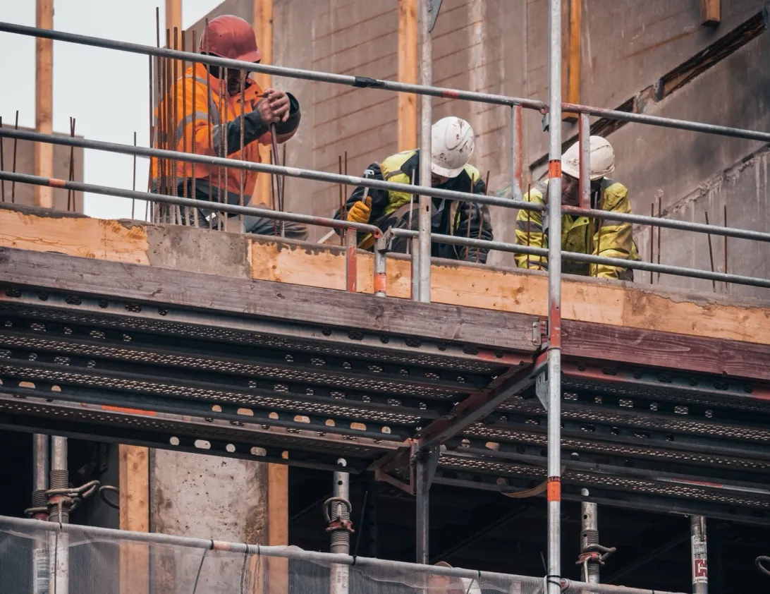 Scaffolding and a steel frame on a construction site